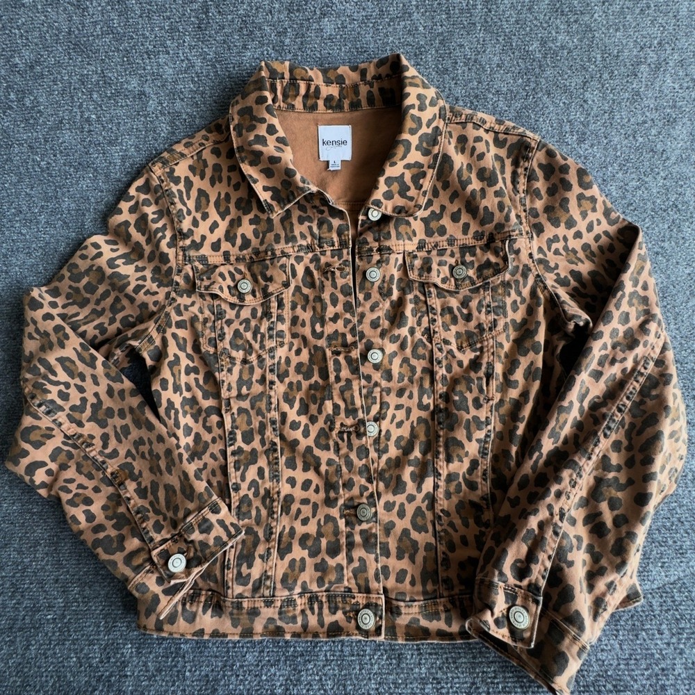 Kensie Denim Jacket Brown Leopard Print Animal Stretch Mob Wife Edgy Large